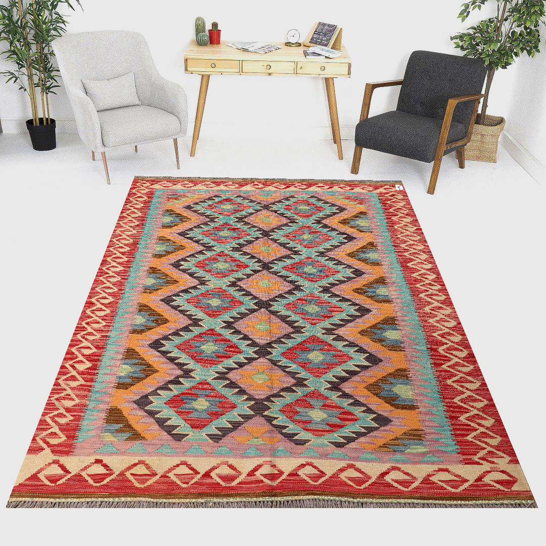 5 x 6.7ft Handwoven Wool Kilim Afghan Rug, Home Decor Rug, Vegetable Dye Kilims, SKU: 1477-197x150