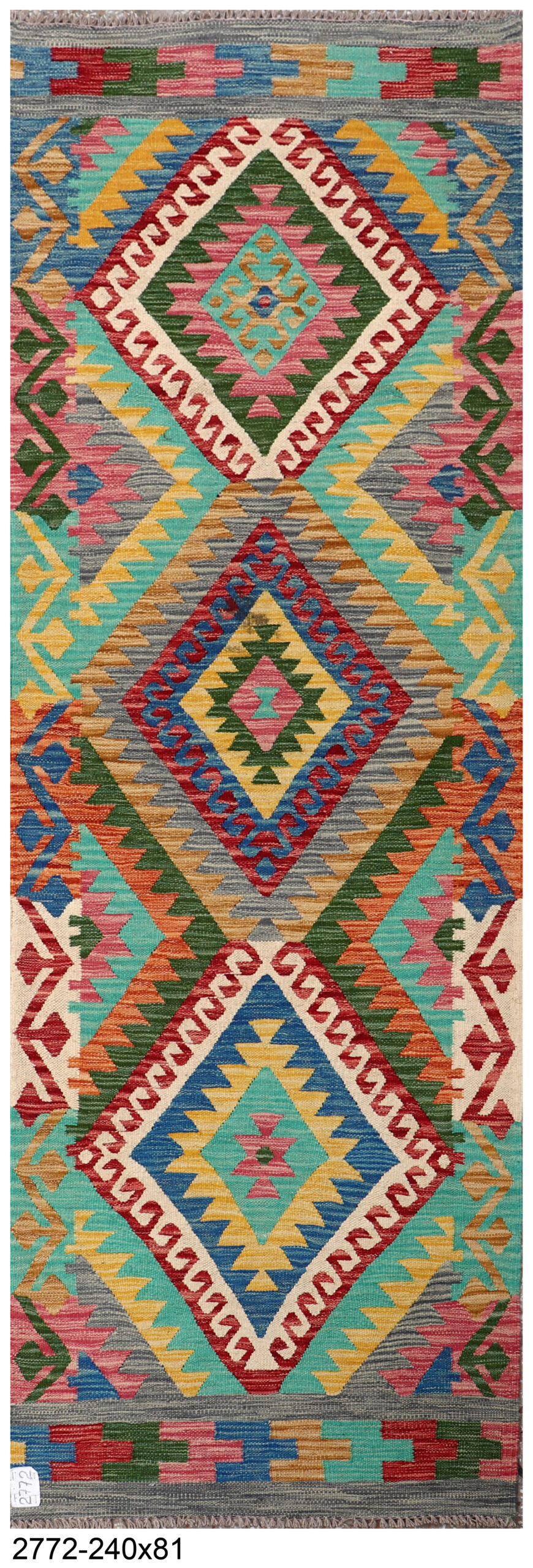 2.7x8ft Handwoven Wool Kilim Afghan Runner, Vegetable Dye Kilim Rug, SKU: 2772-240x81cm - Image 2
