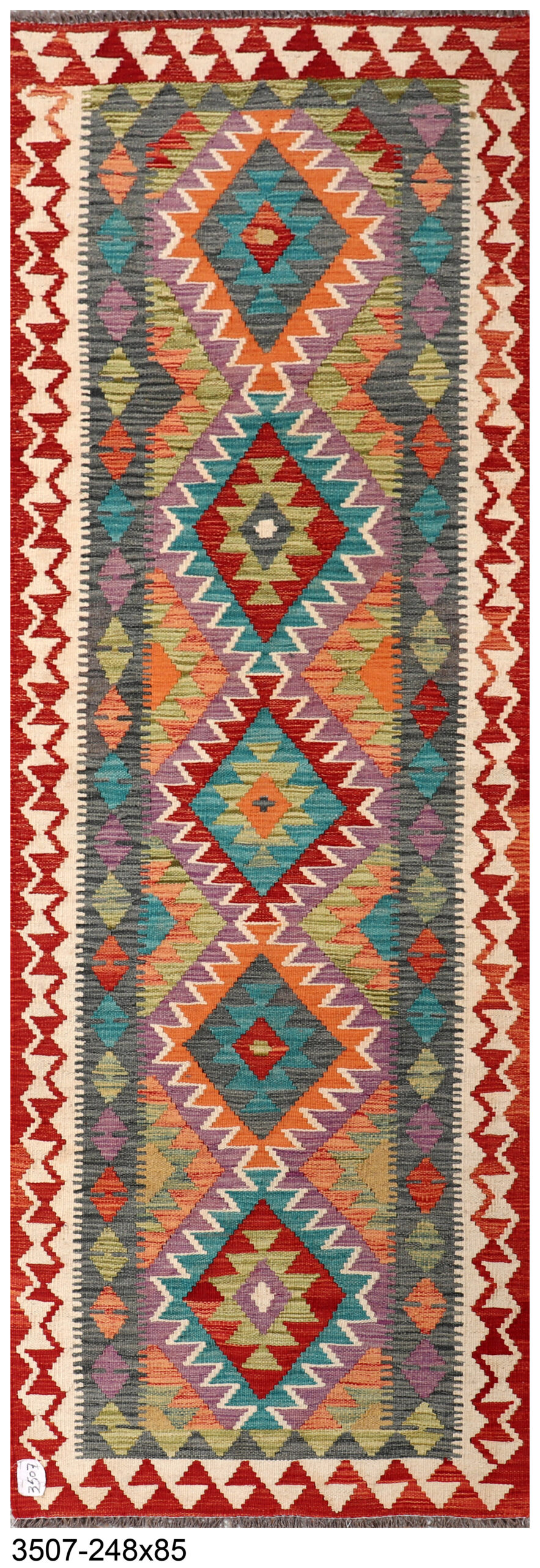 2.6x8 ft Handwoven Wool Kilim Afghan Runner, Vegetable Dye Kilim Rug, SKU: 3507-248x85 - Image 2
