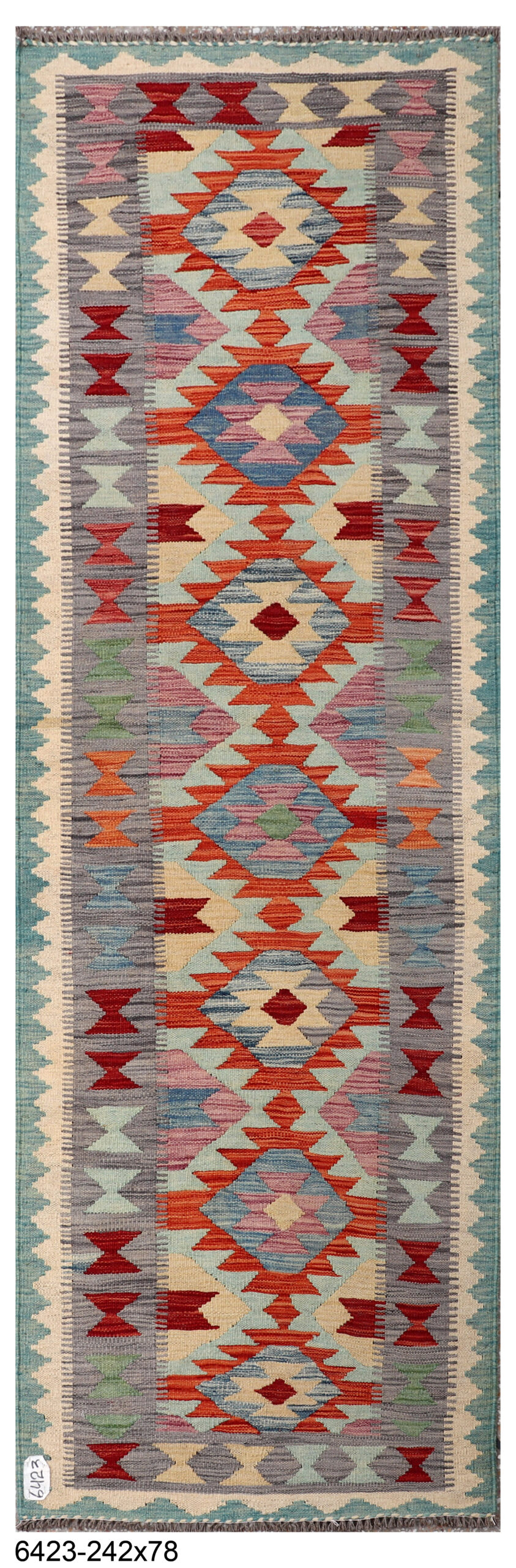 2.6x8 ft Handwoven Wool Kilim Afghan Runner, Vegetable Dye Kilim Rug, SKU: 6423-242x78cm - Image 2